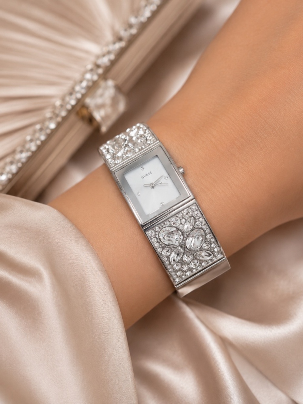 NWT Guess Silver Tone Rhinestone Bangle Watch with Pouch